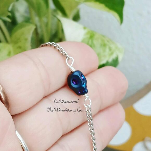 Dainty Titanium Skull Bracelet or Anklet, Spooky Jewelry, 8" - Picture 3 of 5